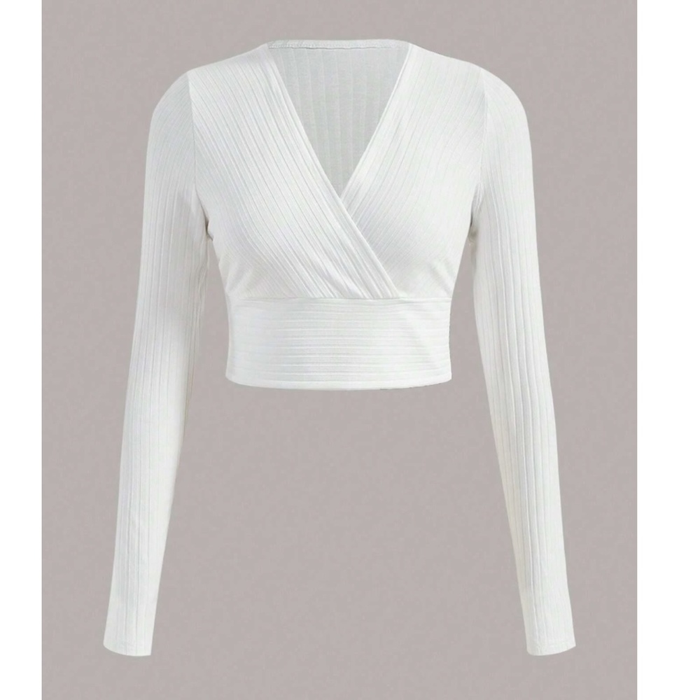 Deep V Neck Long Sleeve Rib-knit White Crop Top - Picture 9 of 12